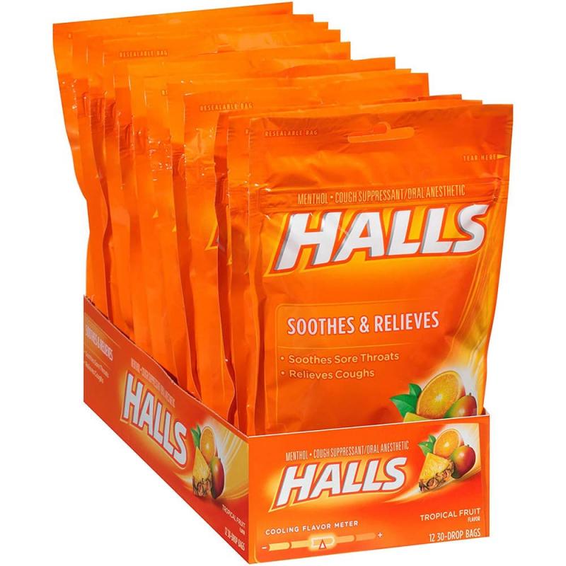 Kẹo Halls thông cổ, mát họng Halls Soothes & Relieves Tropical Fruit 30 viên