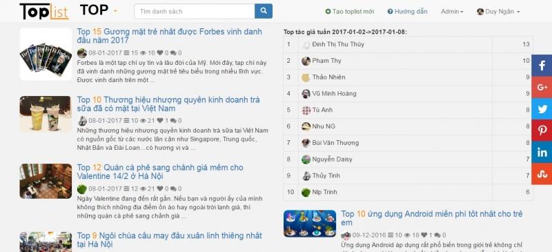 Kết quả 4 cuộc thi hàng tuần đang được tổ chức trên toplist.vn(2-8/1/2017)