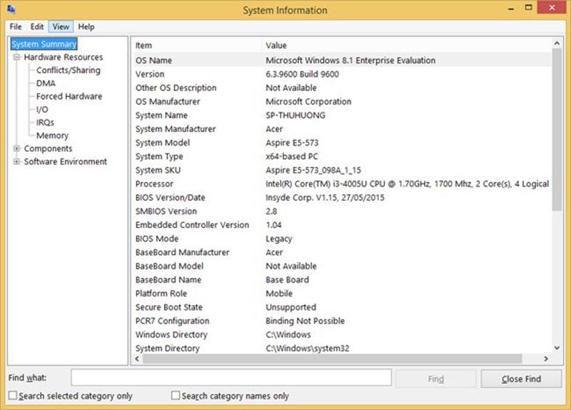 Cửa sổ System Information cung cấp các thông tin về cấu hình, và phần cứng của máy tính