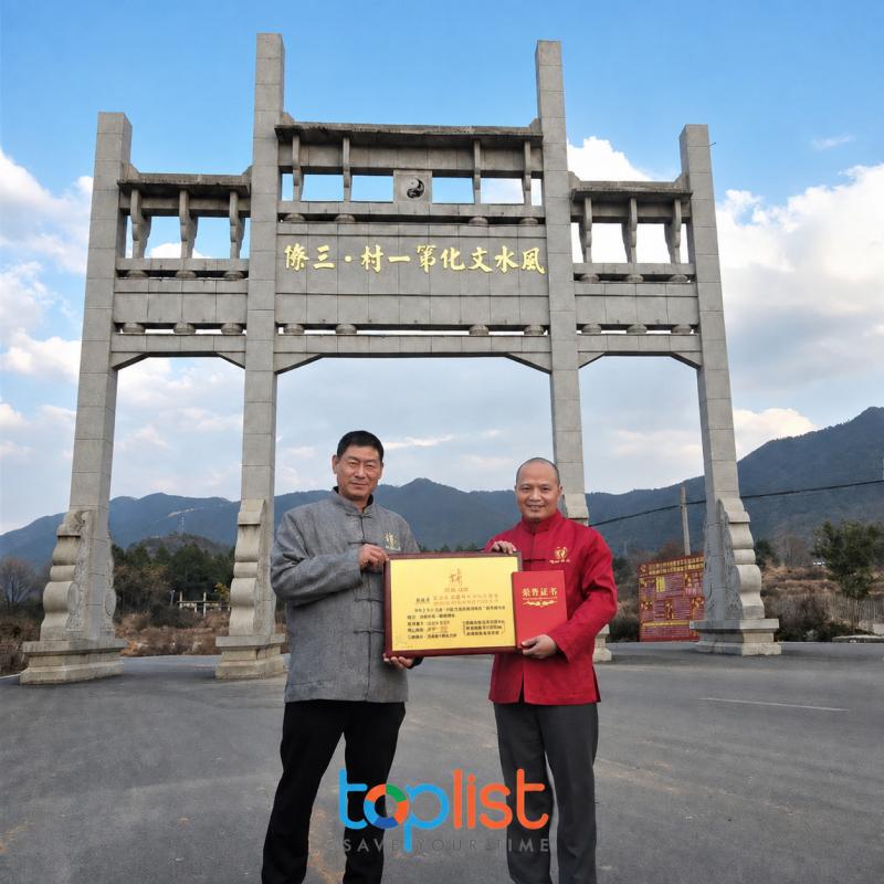KTS Nguyễn Đức Hiếu nhận danh hiệu danh giá: Truyền nhân đời thứ 39 phong thủy Dương Công, đời thứ 38 Tăng Công, đời thứ 2 Chân Quân Đường, tại cổng làng Tam Liêu, Trung Quốc
