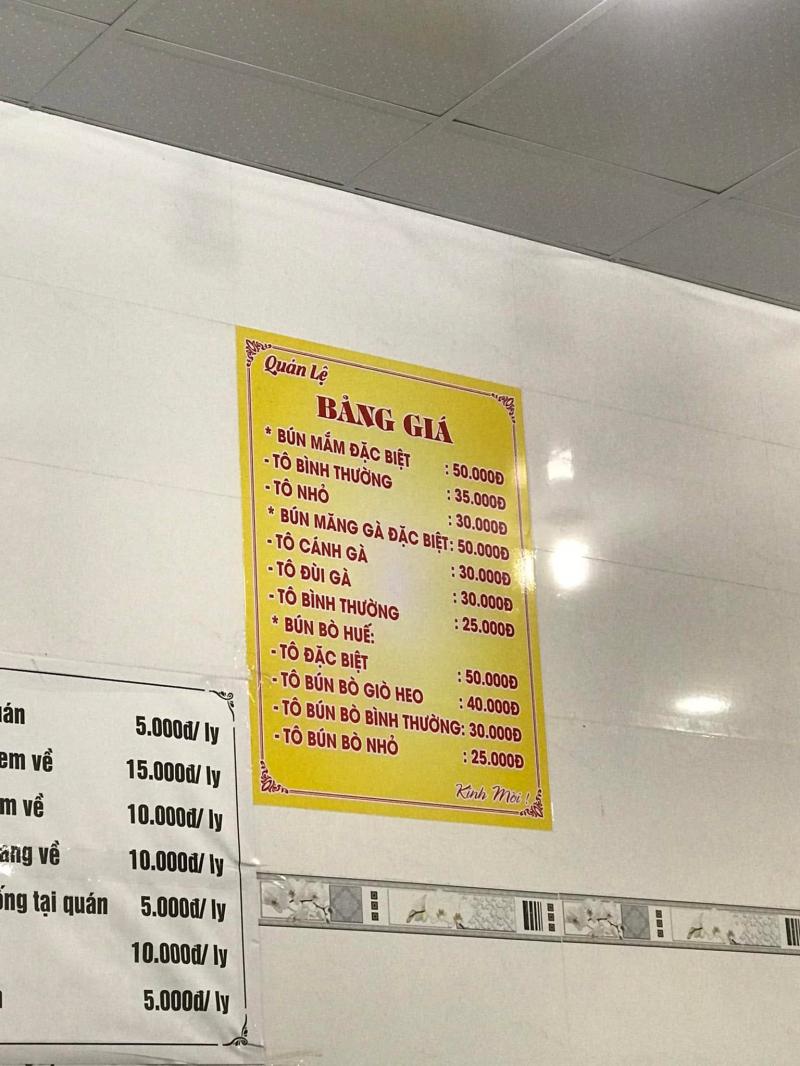 Menu quán Lệ Bún Mắm - Bún Gà