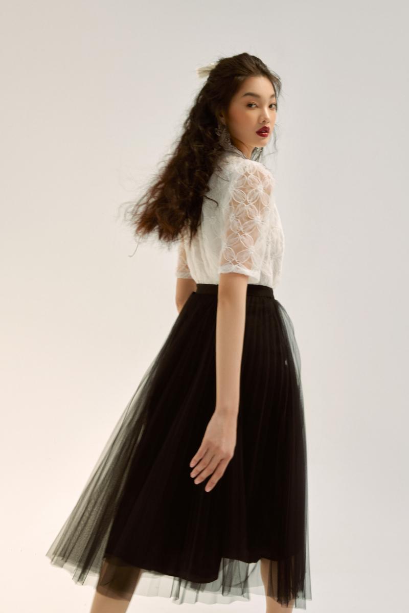 Chân váy Dior Mid-Length Frilled Skirt Black Technical Tulle