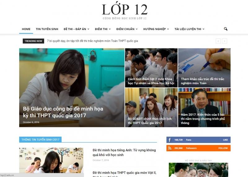 Giao diện trang chủ của Lop12.edu.vn