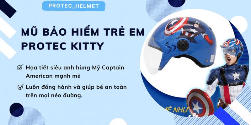 Mũ bảo hiểm trẻ em 1/2 đầu có kính Protec Kitty, họa tiết siêu anh hùng Captain American