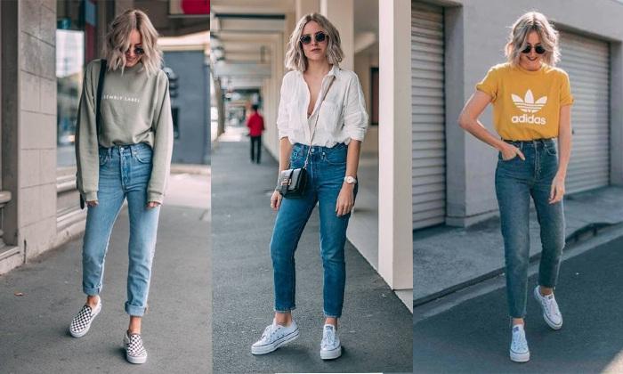 Quần jeans với giày thể thao.