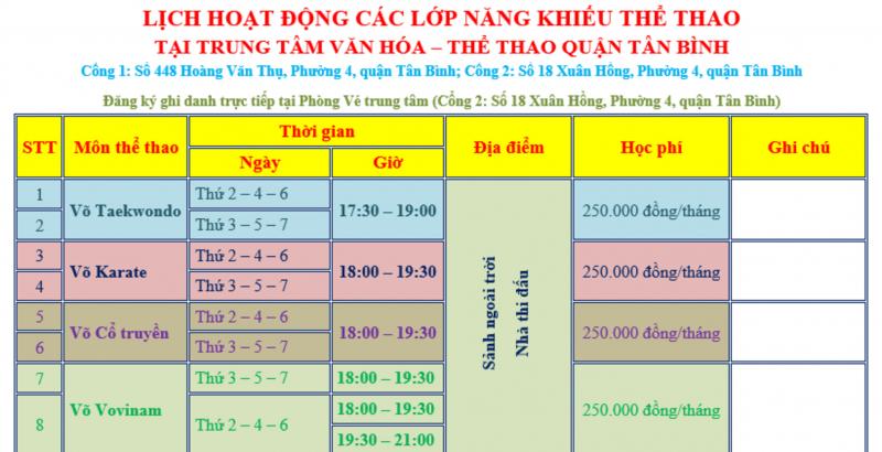 Giờ học, địa điểm và học phí các lớp võ tại Nhà văn hoá Tân Bình