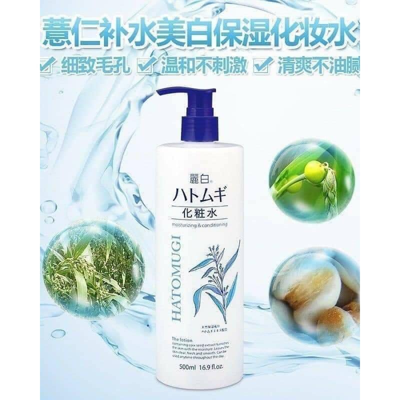 Nước hoa hồng ý dĩ Hatomugi Reihaku The Lotion làm sáng da 500ml có vòi