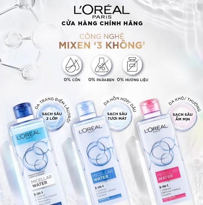 Nước tẩy trang cho mọi loại da L'Oreal Paris 3in1 Micellar Water