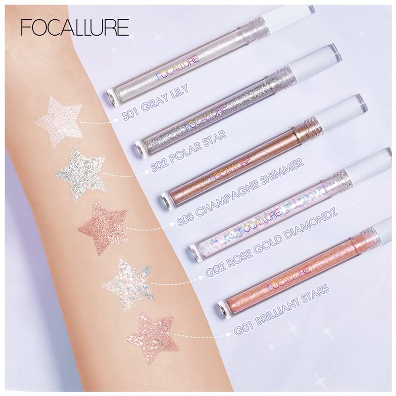 Phấn mắt dạng lỏng Focallure 5 màu nhũ ánh kim tuyến nhanh khô chống nước lâu trôi 1.5g