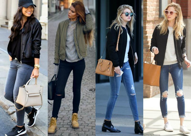 Phối áo bomber nữ với quần jeans