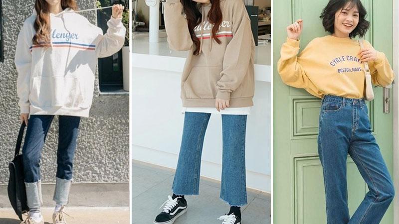 Phối áo hoodie không mũ với quần ống loe