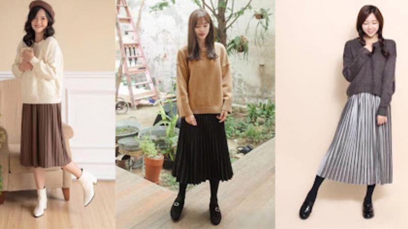 Phối áo sweater và chân váy midi