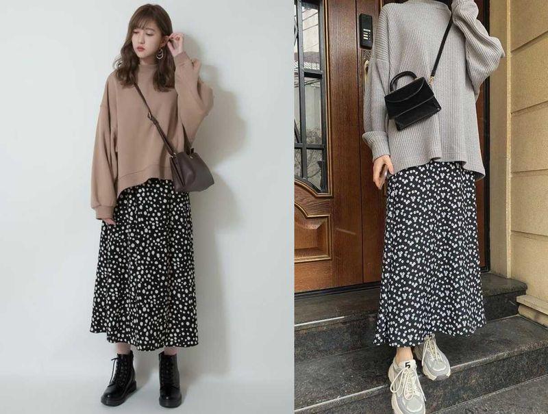 Phối áo sweater và váy đầm maxi