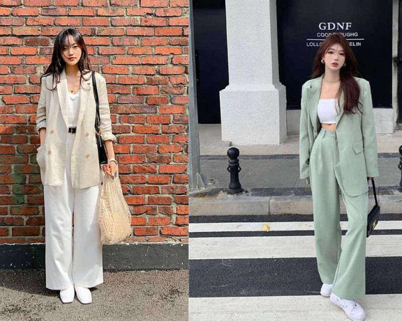 Phối quần ống rộng với blazer