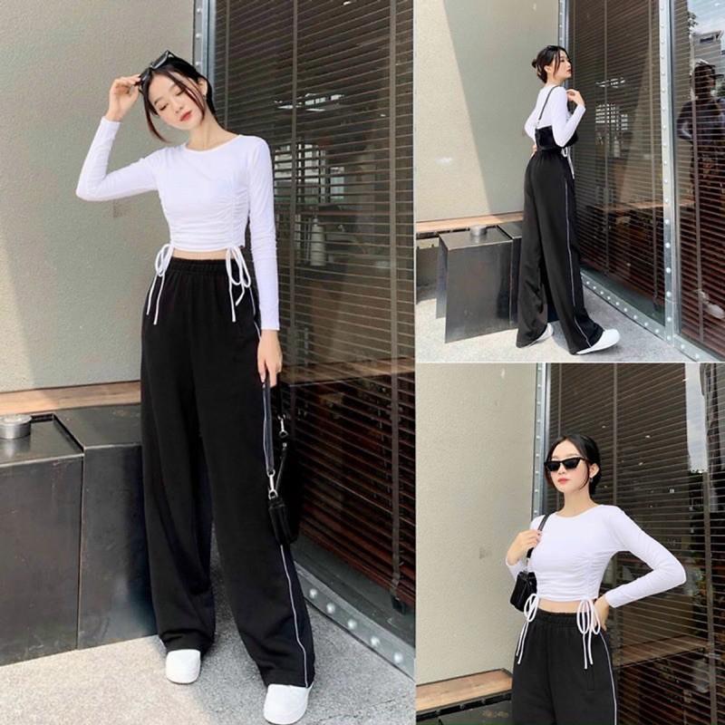 Phối quần ống rộng với croptop dài tay