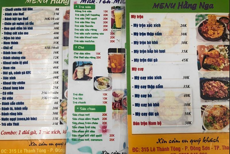 Menu quán ăn vặt Hằng Nga