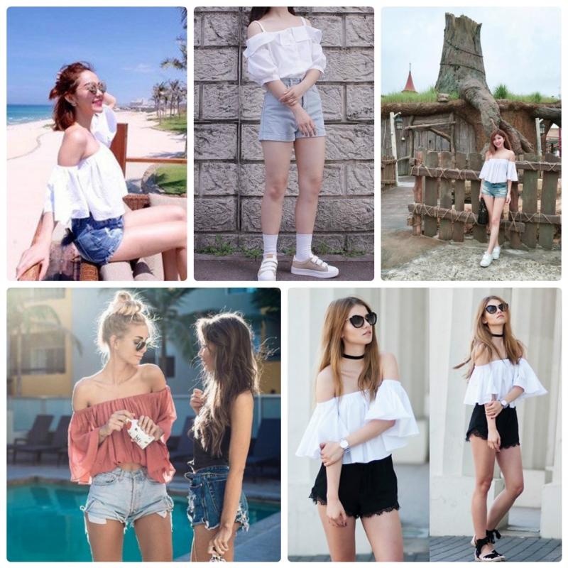 Quần shorts kết hợp áo trễ vai