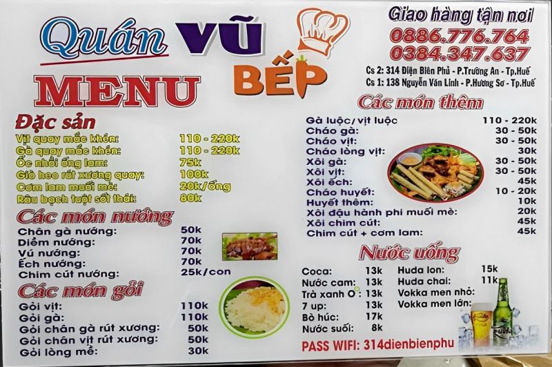 Thực đơn quán Quán Vũ Bếp