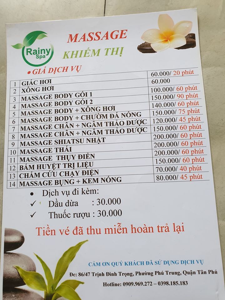 Rainy Spa Massage Khiếm Thị Quận Tân Phú cung cấp dịch vụ massage trọn gói giúp bạn thư giãn toàn thân