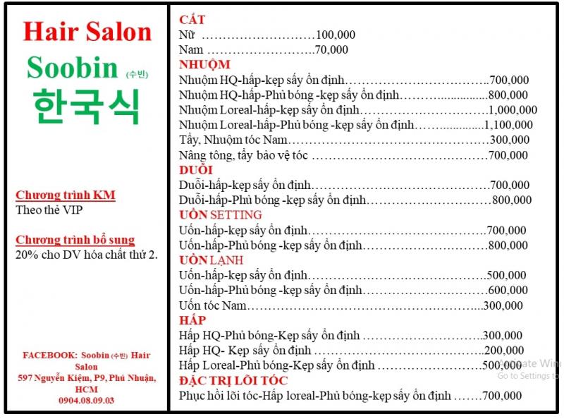 Bảng giá tại Salon Soobin (수빈) 한국식