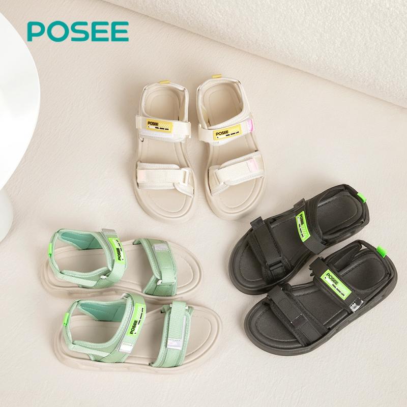 Sandal Posee gối bánh mì đế bằng khóa dán phong cách Hàn Quốc cho nữ