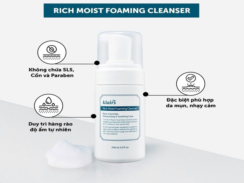 Sữa rửa mặt tạo bọt dưỡng ẩm, dịu nhẹ Klairs Rich Moist Foaming Cleanser