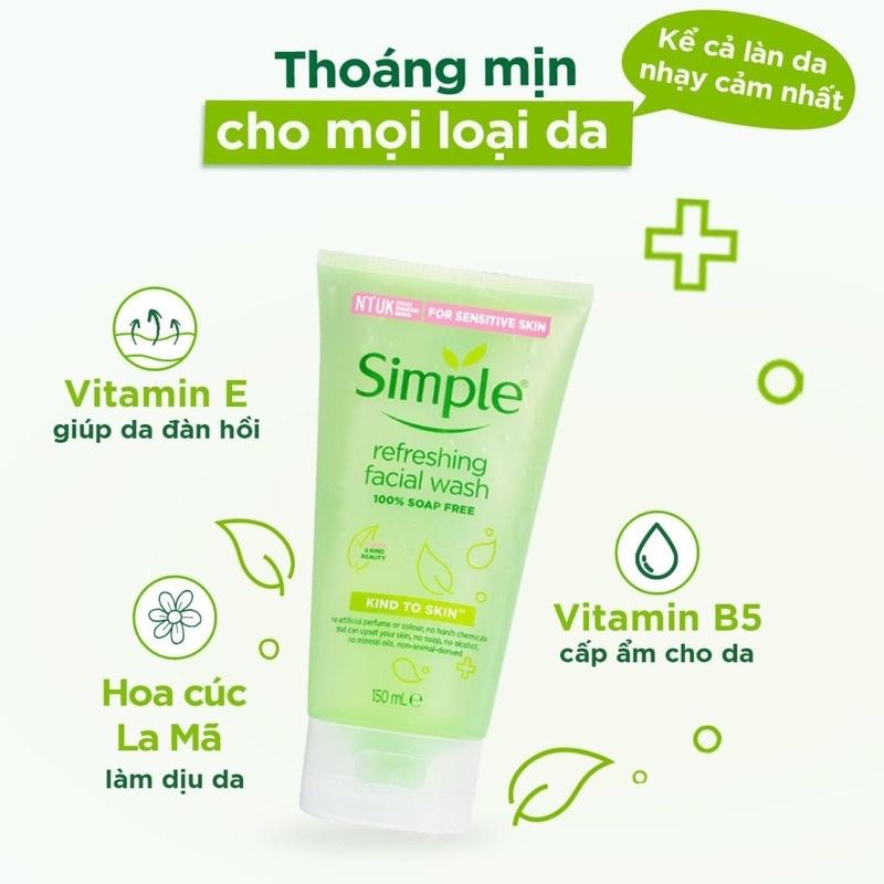 Sữa rửa mặt Simple giúp da sạch thoáng & không chứa xà phòng