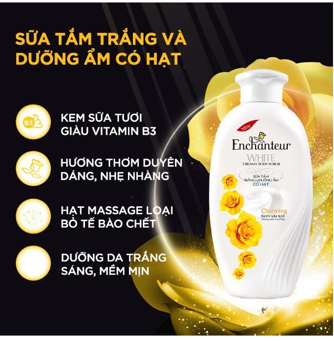 Sữa tắm trắng và dưỡng ẩm có hạt Enchanteur Charming White Creamy Body Scrub