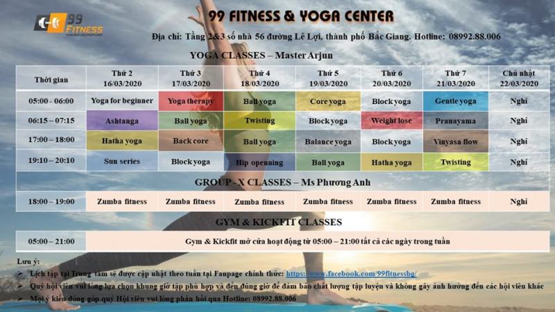 Lịch tập của các lớp tại 99 Fitness & Yoga Center