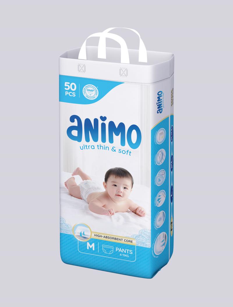 Bỉm tã Animo có lớp lõi chỉ 2mm siêu thoáng khí, giữ cho làn da nhạy cảm của bé luôn khô ráo và sạch sẽ.