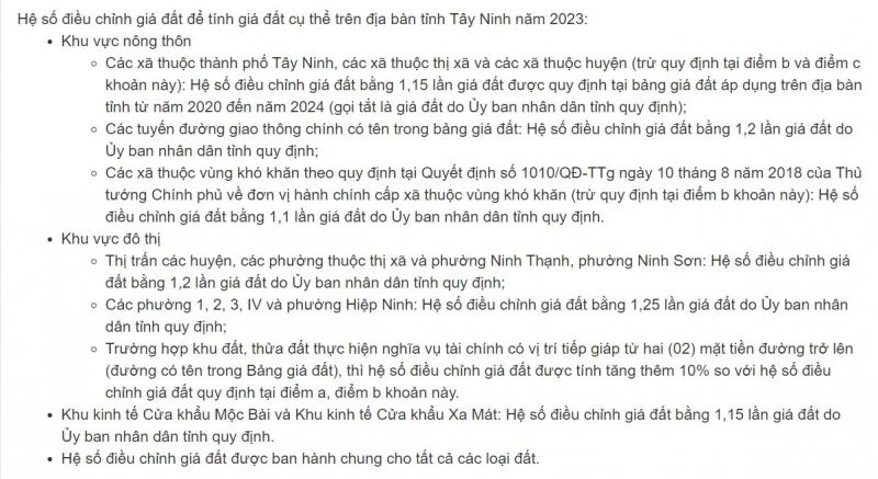 ﻿﻿﻿Hệ số điều chỉnh giá đất để tính giá đất cụ thể trên địa bàn tỉnh Tây Ninh năm 2023