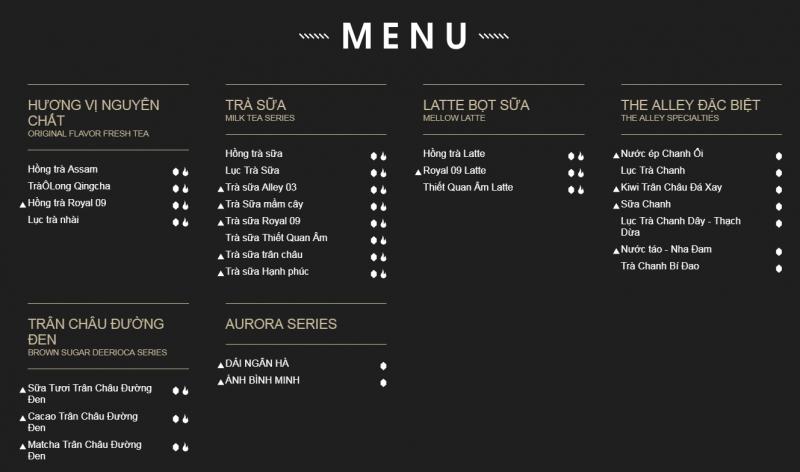 Menu The Alley, sữa tươi trân châu đường đen đang là món rất hot