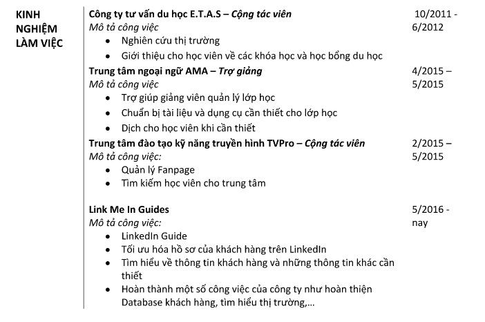 Liệt kê kinh nghiệm bản thân