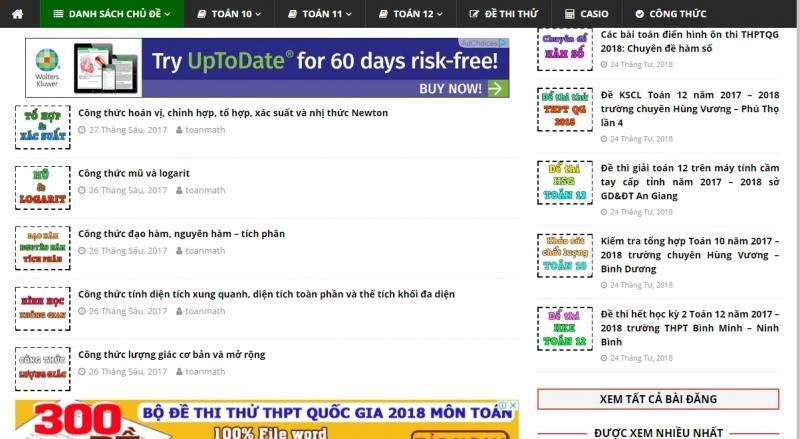 Công thức toán học trên trang web Toanmath.com