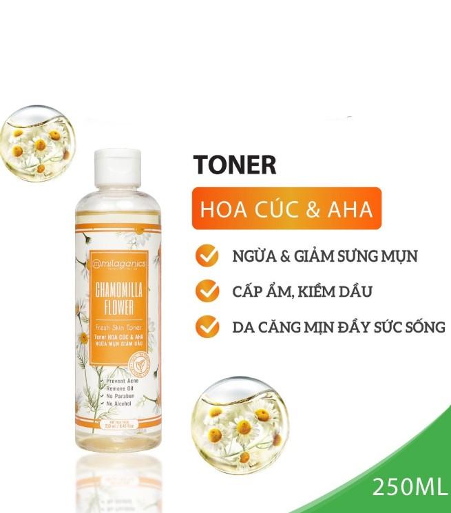 Toner nước hoa hồng hoa cúc & AHA 5% Milaganics