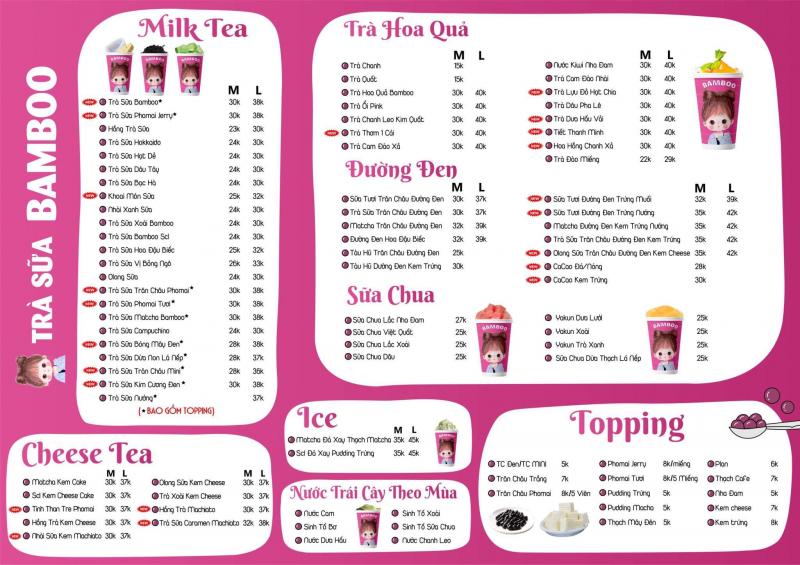 Menu trà sữa Bamboo Tea