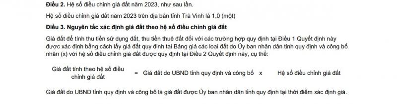 Hệ số điều chỉnh giá đất năm 2023 tỉnh Trà Vinh