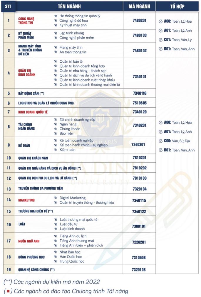 Các ngành tuyển sinh của trường ĐH Gia Đinh (Ảnh: Người lao động)