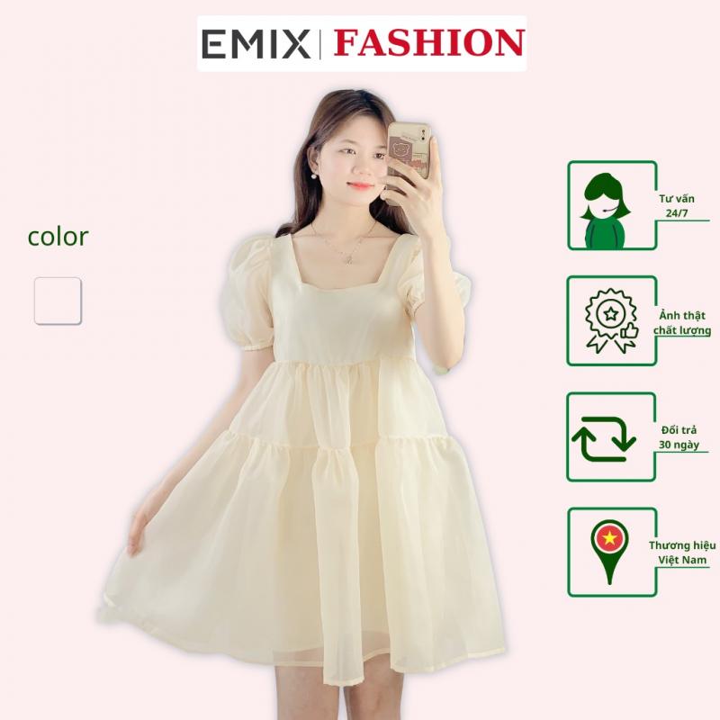 Váy babydoll tơ xoè EMIX màu da tiểu thư dáng dài cổ vuông tay bồng  xòe