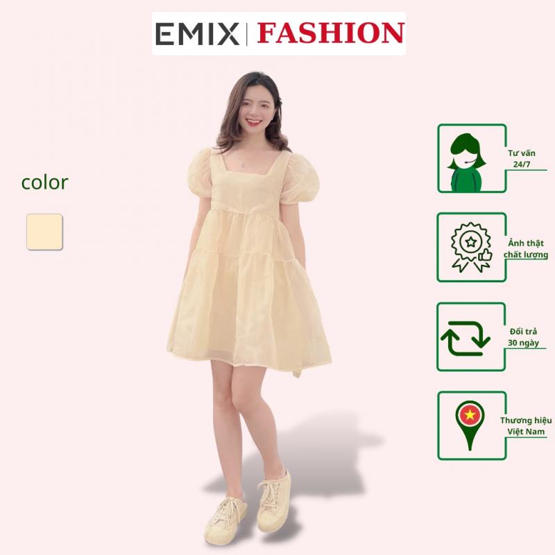 Váy babydoll tơ xoè EMIX (màu da), tiểu thư, dáng dài, cổ vuông, tay bồng, xòe, vải tơ mềm nhẹ, 2 lớp 8277