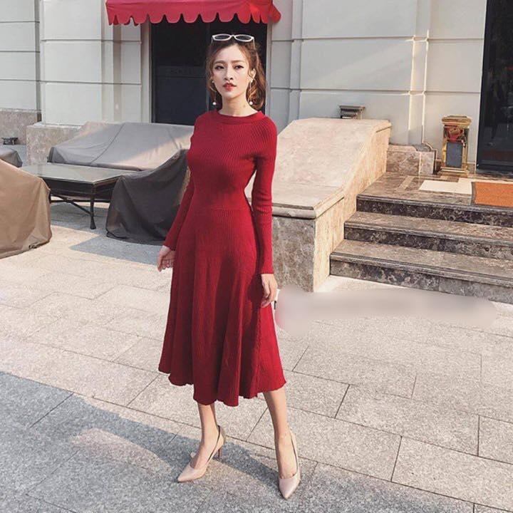váy #đầm len body dài cổ tim Cao Cấp | Shopee Việt Nam