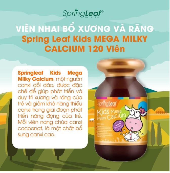 Viên nhai bổ sung canxi cho bé Spring Leaf Premium Kids Mega Milky Calcium