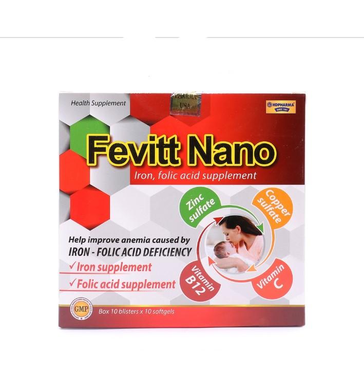 Viên sắt hữu cơ bổ máu Fevitt Nano HDPHARMA bổ sung Acid folic cho người thiếu máu, da xanh xao - 100 viên