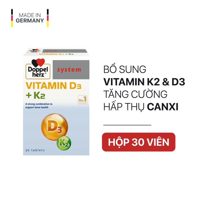 Viên uống tăng cường hấp thu Canxi, giảm nguy cơ loãng xương Doppelherz Vitamin D3 + K2 (Hộp 30 viên)