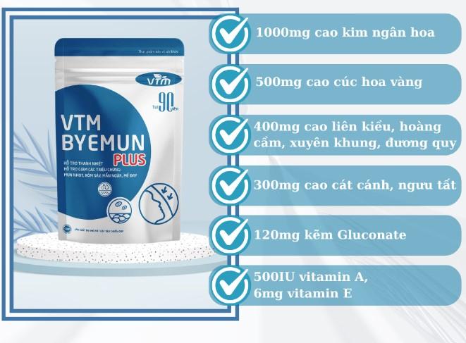 Viên uống VTM Byemun Plus giúp thanh nhiệt, giảm các triệu chứng mụn viêm, mụn ẩn, đầu đen, mẩn ngứa